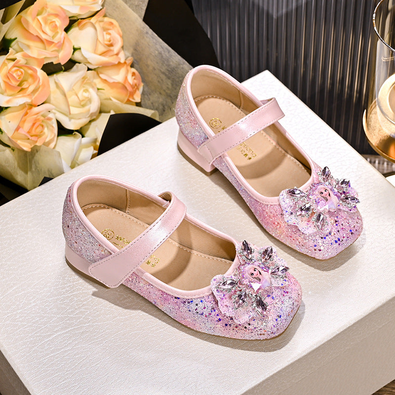 Girls Mary Jane Glitter Ballet Flats with Flower Decoration Mune Fashion