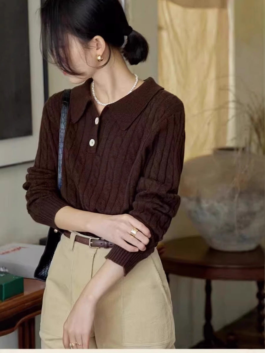 Women’s Polo Collar Braided Knit Sweater with Half Button Placket Mune Fashion
