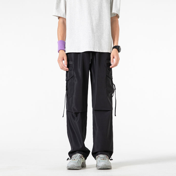 Men's Wide Cargo Pants with Multi-Pockets, Adjustable Drawstring Waistband, and Modular Strap Details Drune