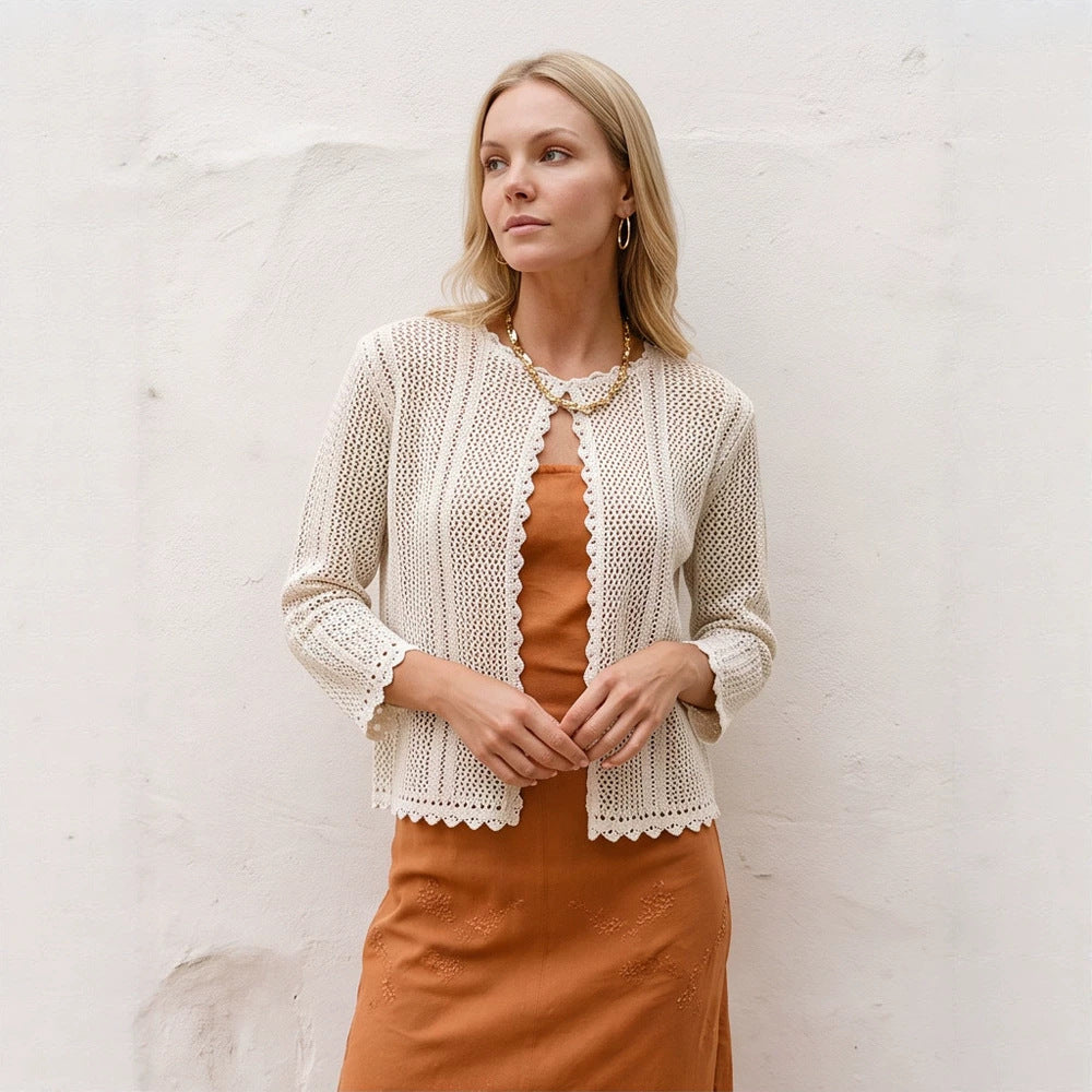 Women's crocheted short jacket with wavy hem, open front & 3/4 sleeves Mune Fashion