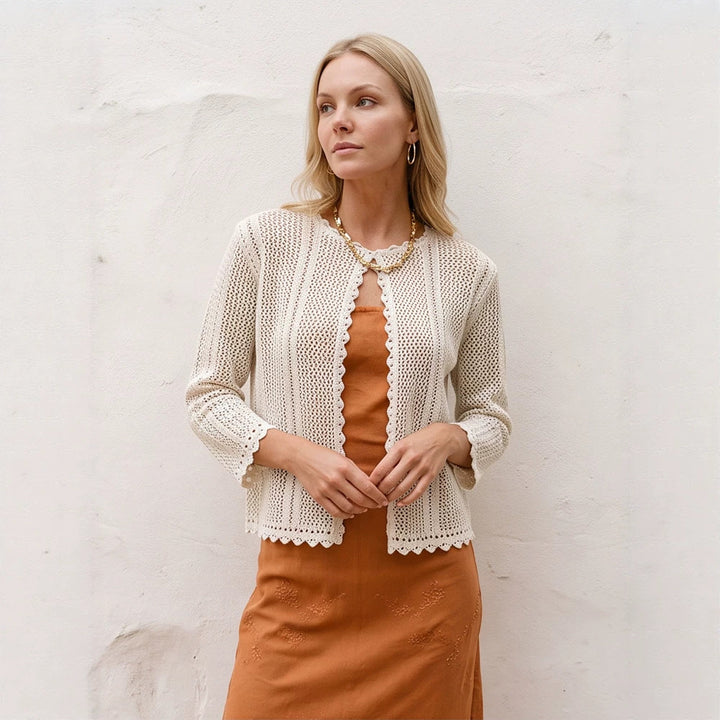 Women's crocheted short jacket with wavy hem, open front & 3/4 sleeves Mune Fashion