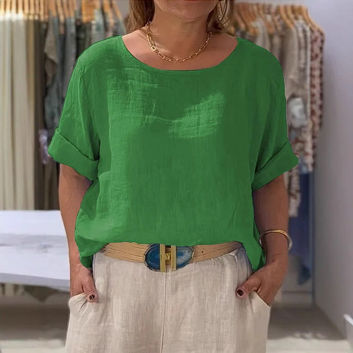 Women Lightweight Linen Blouse with Turned-up Sleeves Mune Fashion