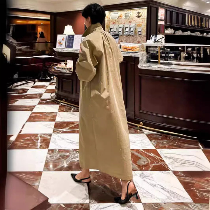 Women's Maxi Long Oversized Coat with High Standing Collar, Gathered Back Yoke and Boxy Silhouette Mune Fashion
