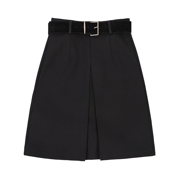 Women's tailored business midi skirt with central pleat and decorative belt Mune Fashion