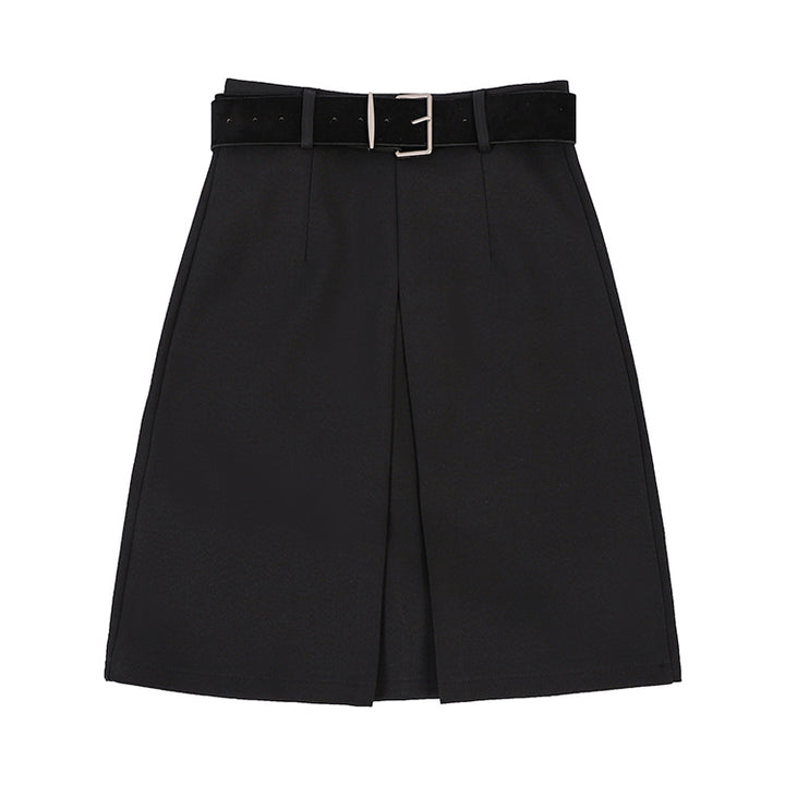 Women's tailored business midi skirt with central pleat and decorative belt Mune Fashion