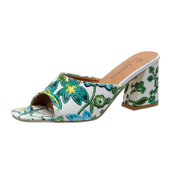 Damen Slip-On Mules mit floralem Allover-Print, mittelhohem Blockabsatz und gepolstertem Komfortfußbett Mune Fashion