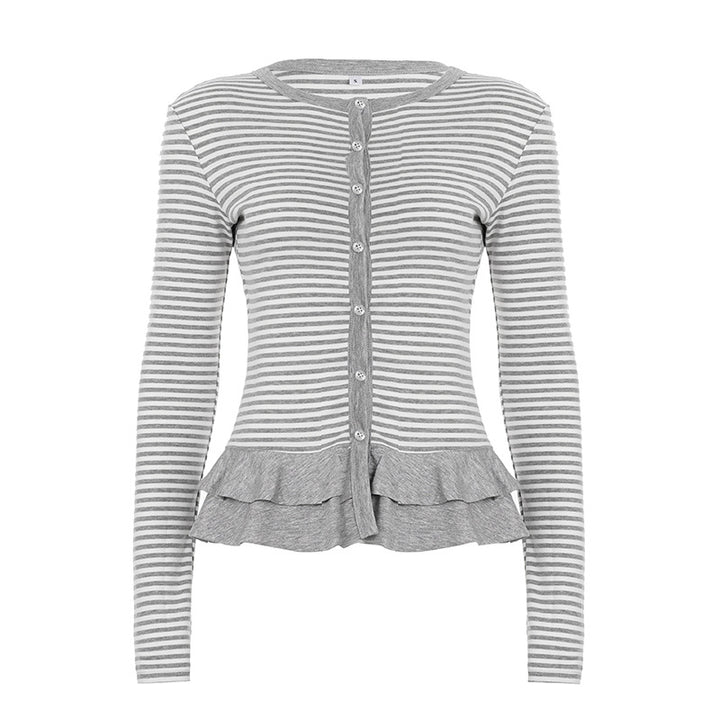 Women nan finer short cardigan with button placket, lace collar, and wavy hem Mune Fashion