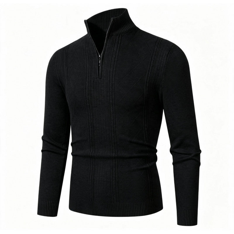Men's Fine Half-Zip Roll Neck Sweater with Structure Stripes and Body-Hugging Fit Mune Fashion