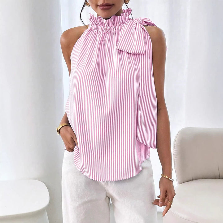 Women's Sleeveless Crepe Blouse with Gathered High Collar and Shoulder Bow Mune Fashion