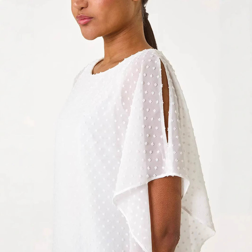 Women's lightweight chiffon overlay shirt with polka dots and batwing sleeves Mune Fashion