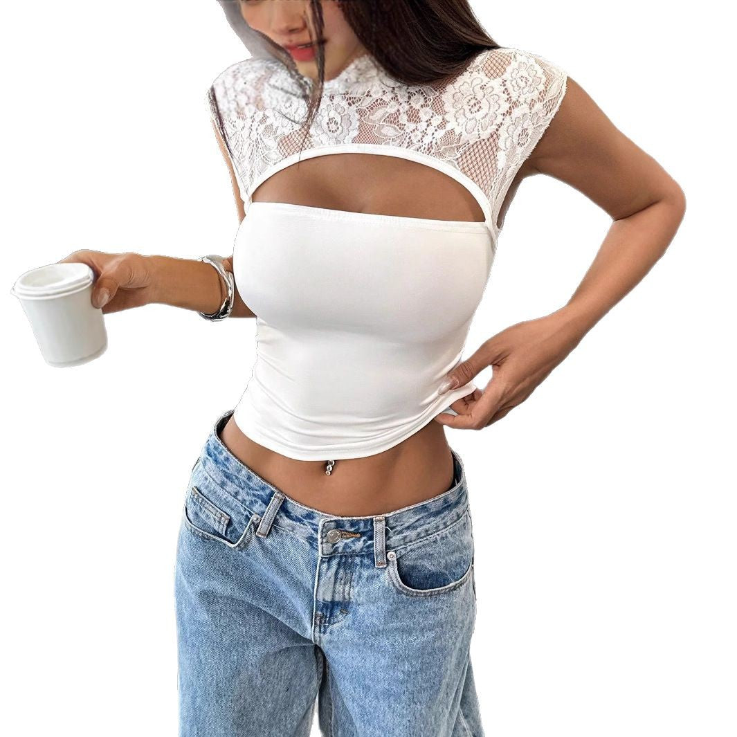 Women's form-fitting belly-free top with floral lace shoulder area, stand-up collar and chest opening Mune Fashion