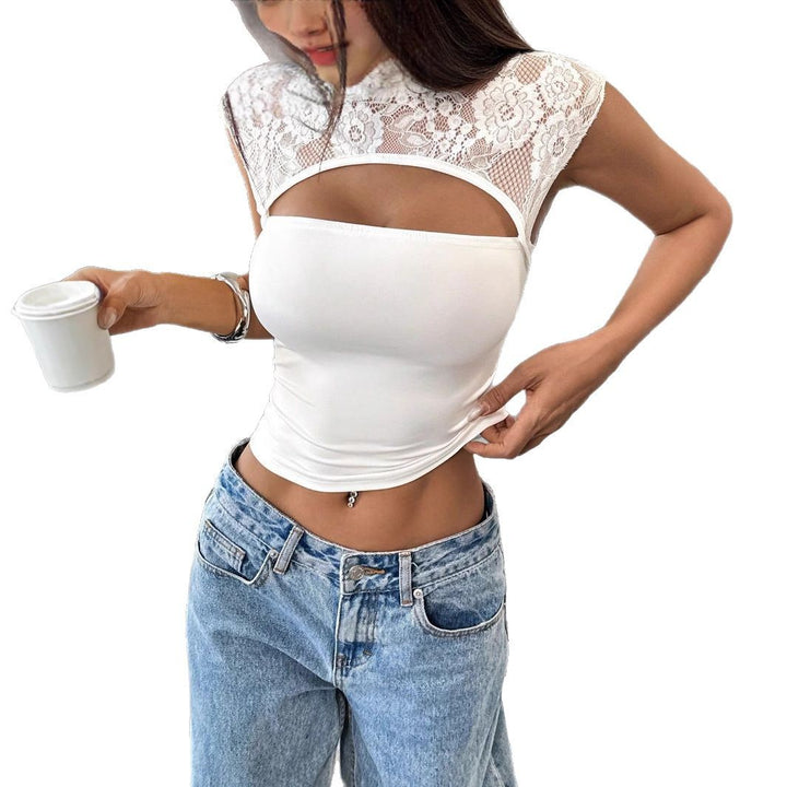 Women's form-fitting belly-free top with floral lace shoulder area, stand-up collar and chest opening Mune Fashion