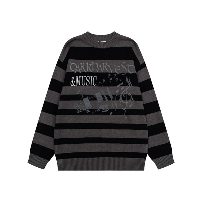 Women Striped Oversized Knit Sweater with Round Neck and Music Graphic Mune Fashion