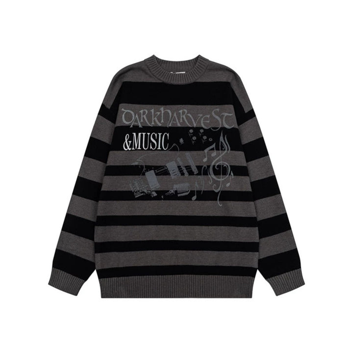 Women Striped Oversized Knit Sweater with Round Neck and Music Graphic Mune Fashion