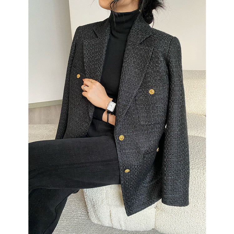 Women Elegant Tweed Blazer with Golden Buttons Mune Fashion