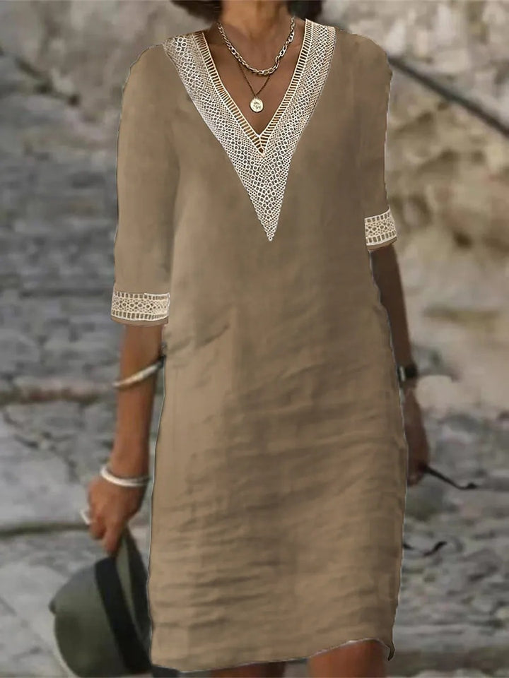 Ladies Linen Look Midi Dress with Crocheted V-Neck and 3/4 Sleeves Mune Fashion
