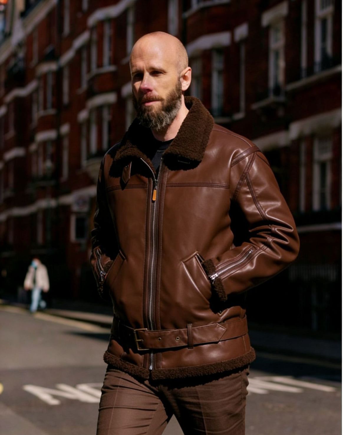 Men's Faux Leather Flight Jacket with Teddy Lining, Zippers and Stand Collar Mune Fashion