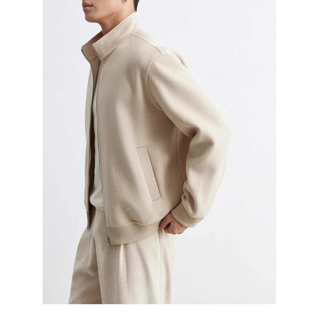 Men's Casual Wool Blend Zip Jacket with Stand Collar and Ribbed Cuffs Mune Fashion