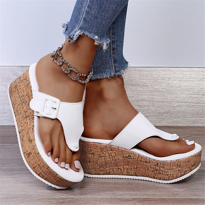 Women's Kork wedge flip-flops with wide padded strap and adjustable buckle application Mune Fashion