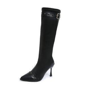 Women Knee-High Boots with Pointed Toe, Sculptural Stiletto Heel and Decorative Strap Mune Fashion