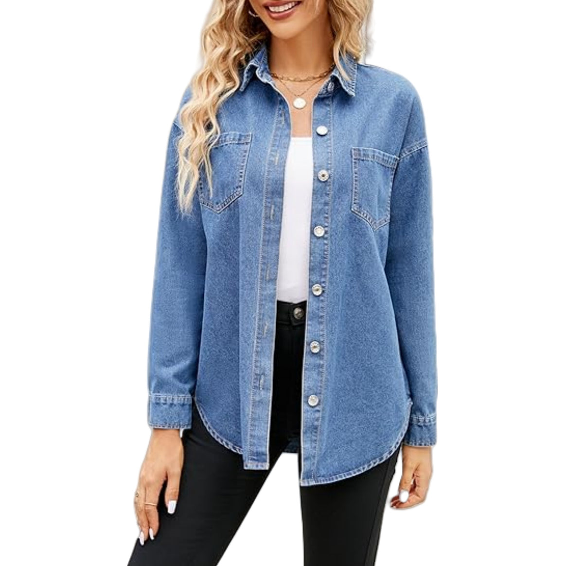 Women’s Oversized Denim Shirt with Button Placket and Chest Pockets Mune Fashion