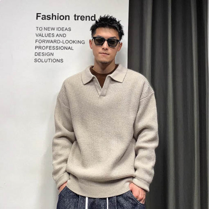 Men's Coarse Mesh Polo Collar Sweater with Concealed Half Placket and Ribbed Hem Mune Fashion