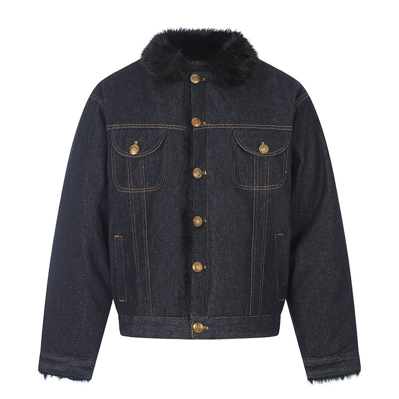 Women's padded denim jacket with faux fur collar, teddy lining and gold button details Mune Fashion