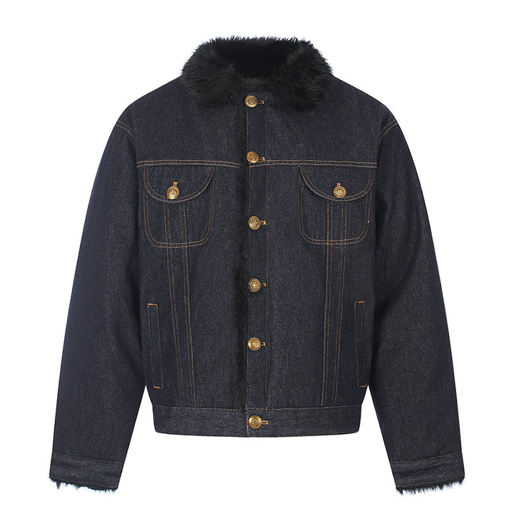 Women's padded denim jacket with faux fur collar, teddy lining and gold button details Mune Fashion