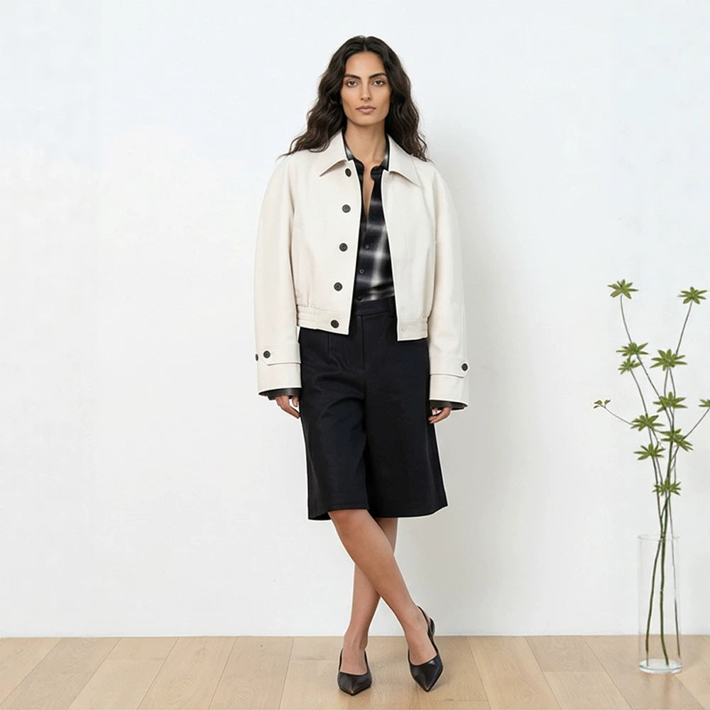 Women's Short Boxy Blouson with Elastic Hem and Distinctive Button Details Mune Fashion