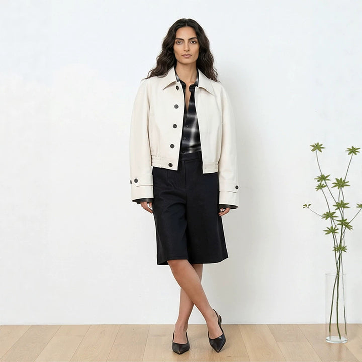 Women's Short Boxy Blouson with Elastic Hem and Distinctive Button Details Mune Fashion