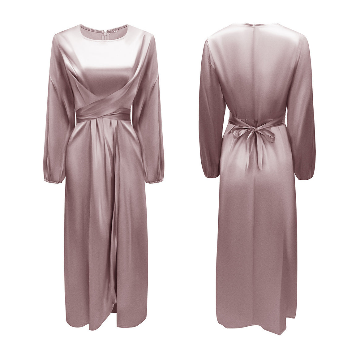 Ladies Elegant Maxi Dress in Satin with Wrap Detail, Long Sleeve and Waistband Mune Fashion