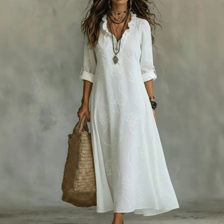 Women Long Boho Maxi Dress with Floral Embroidery and V-Neck Mune Fashion