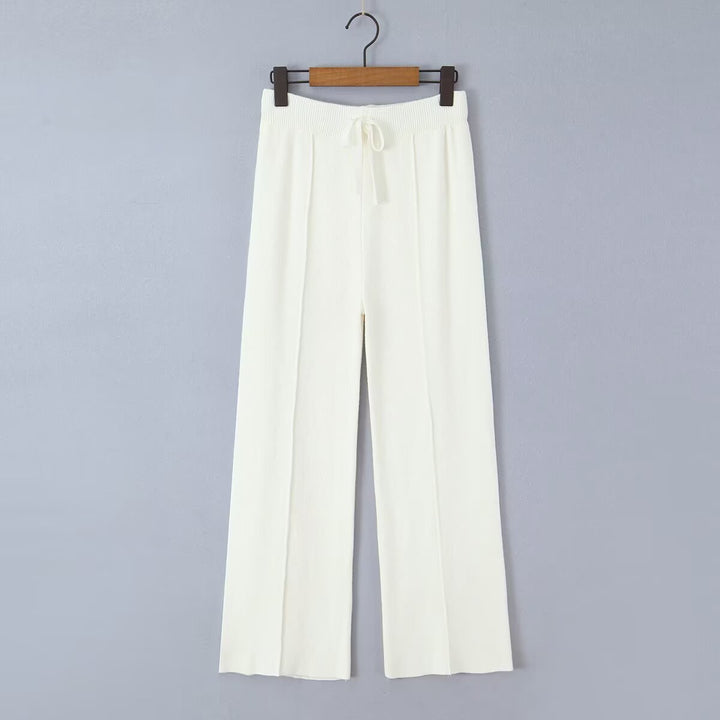 Women Wide Knit Trousers with Ribbed Waistband, Drawstring and Crease Mune Fashion
