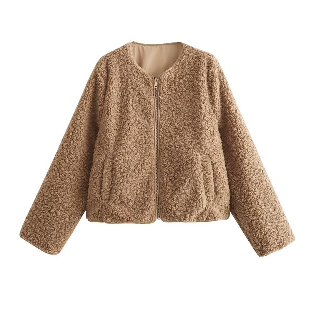 Women's short teddy fleece blazer with round neck, full zip, and discreet side pockets Mune Fashion