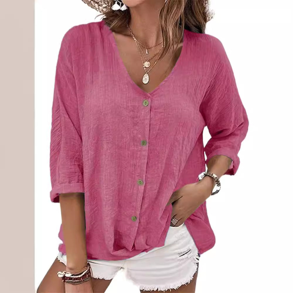 Women Loose V-Neck Blouse in Linen Look with Button Placket and Roll-Up Three-Quarter Sleeves Mune Fashion