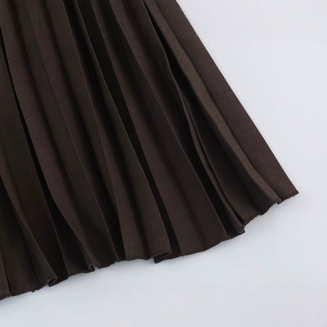 Ladies Two-Piece Midi Dress Set with Narrow Waistband, Concealed Button Placket and Pleated Skirt Mune Fashion