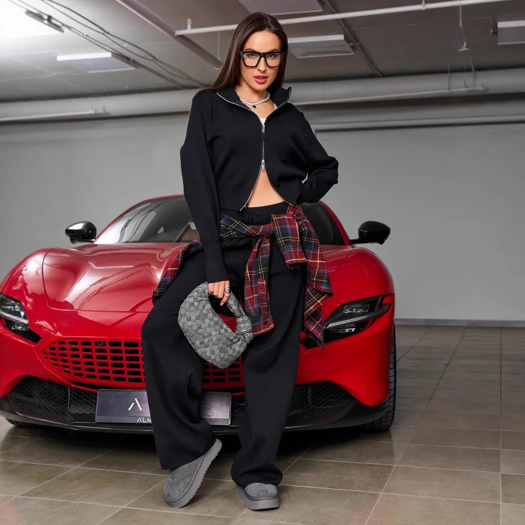 Women knitted loungewear two-piece with short zip cardigan and wide high waist pant leg Mune Fashion