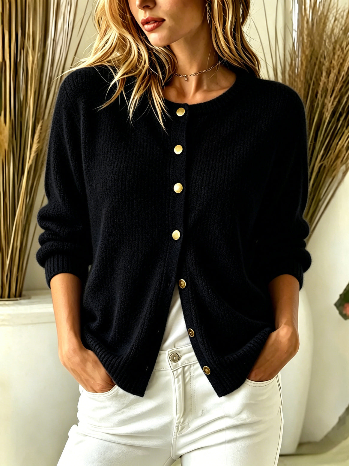 Women's Cozy Knit Cardigan with Round Neckline and Gold Decorative Buttons Mune Fashion