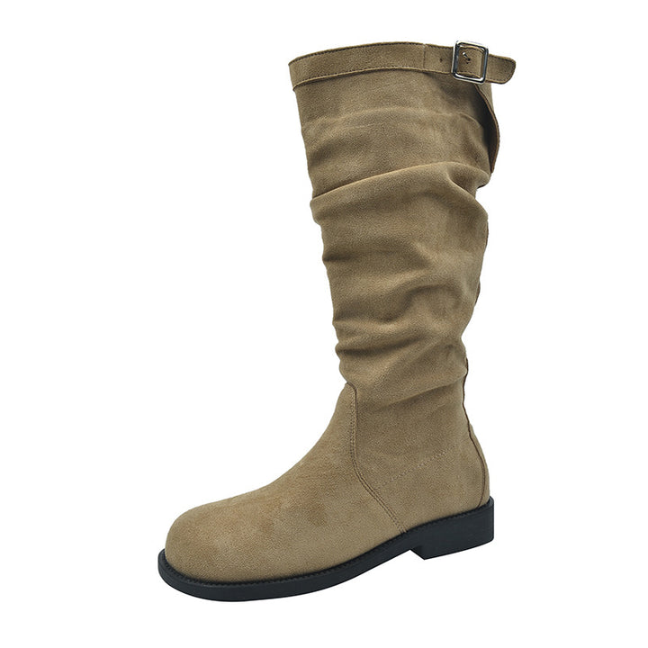 Women's suede knee-high boots with gathered shaft and adjustable buckle tab Mune Fashion