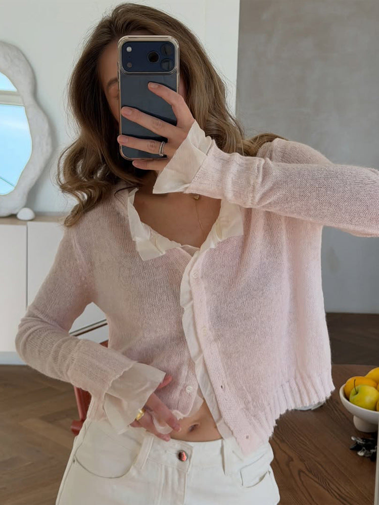 Women's Lightweight Short Mohair-Style Cardigan with V-Neck and Button Placket Mune Fashion