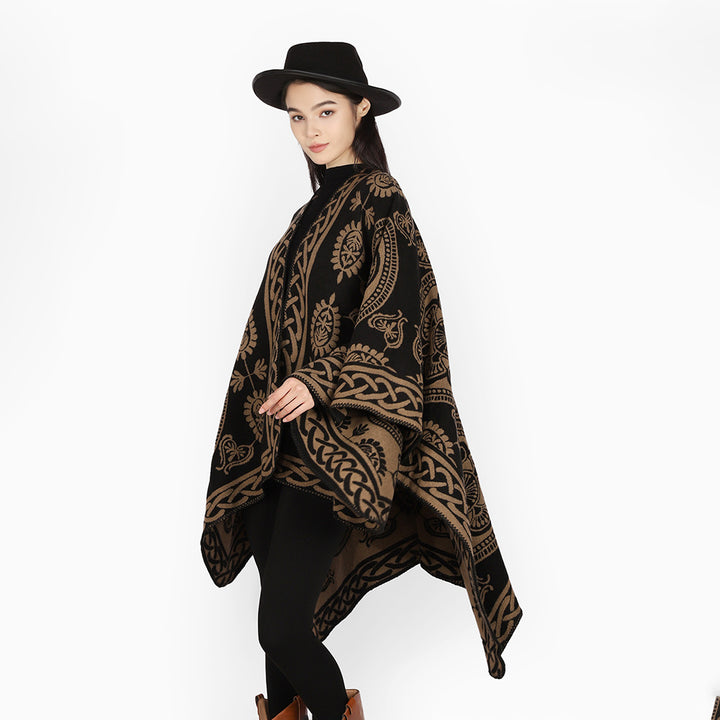 Women's Oversized Cape with Ornamental Jacquard and Asymmetrical Pointed Hem Mune Fashion