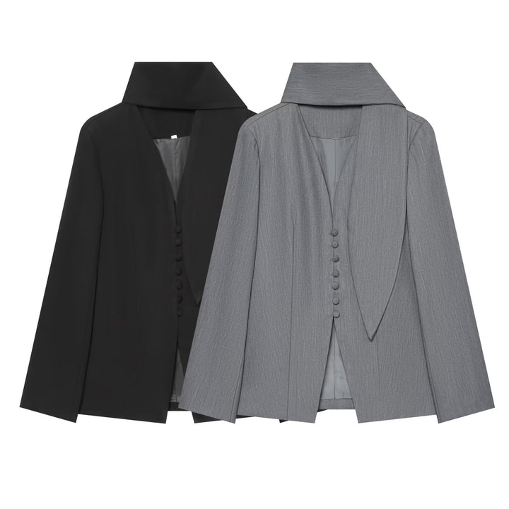 Women's Elegant Longline Blazer with High Funnel Collar and Overlapping Fabric Buttons Mune Fashion