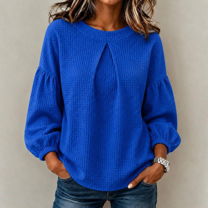 Women's Loose Waffle Knit Sweatshirt with Front Pleat and Balloon Sleeves Mune Fashion