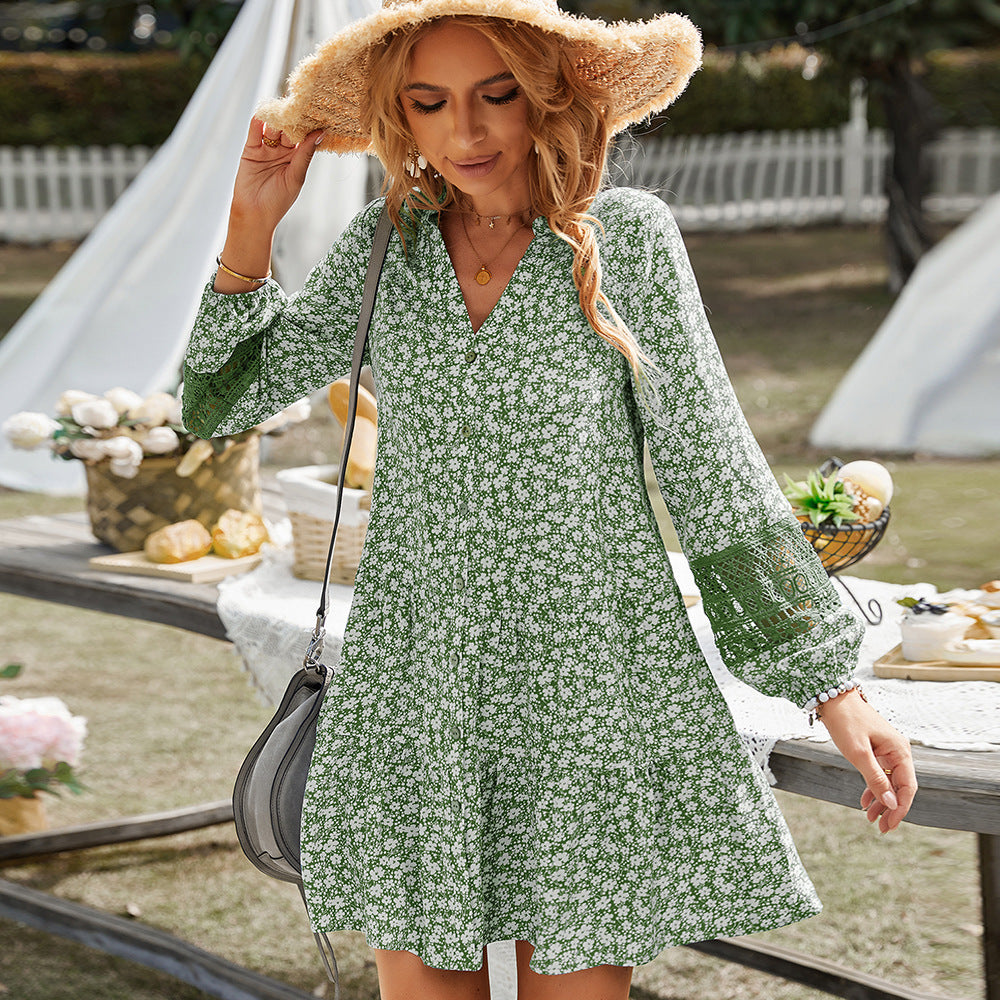 Women's floral tiered mini dress with V-neck, full button placket, and crocheted balloon sleeves Mune Fashion