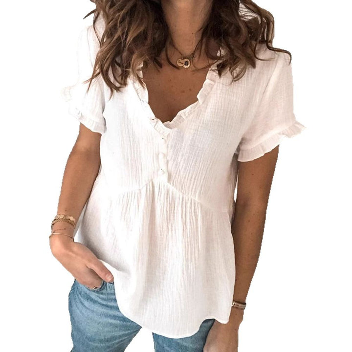 Ladies V-neck blouse with ruffle details and button closure Mune Fashion