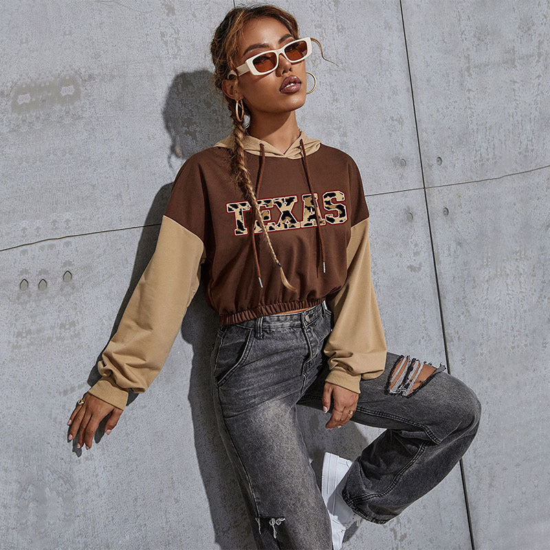 Women's Short-Cut Hoodie with Teddy Print, Colorblock Sleeves and Elastic Hem
