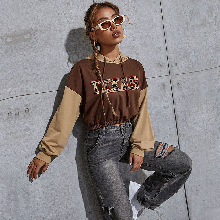 Women's Short-Cut Hoodie with Teddy Print, Colorblock Sleeves and Elastic Hem