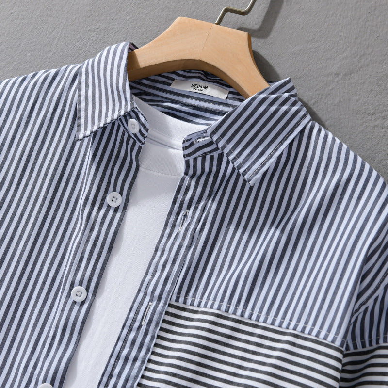 Men's Striped Patchwork Shirt with Chest Patch and Relaxed Fit Mune Fashion
