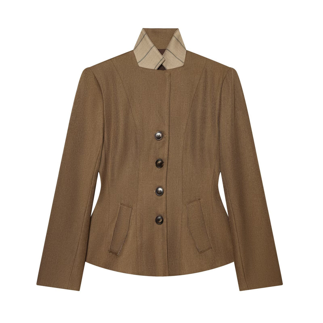 Women's Tailored Wool Blazer with Stand Collar and Decorative Button Placket Mune Fashion