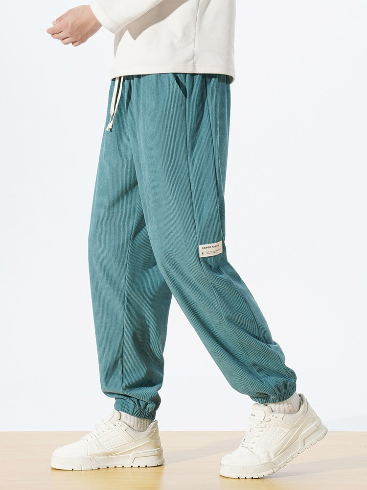 Men's Relaxed-Fit Cord Jogging Pants with Drawstring, Elastic Ankle Cuffs & Cargo Detail Mune Fashion